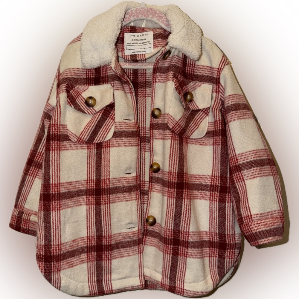 Primark Red Off-White Plaid Shacket Shearling Long Sleeve Button Up Jacket 4-5Y